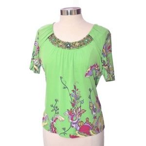 Rena Green Silk Floral Cap Sleeve Top Size Large